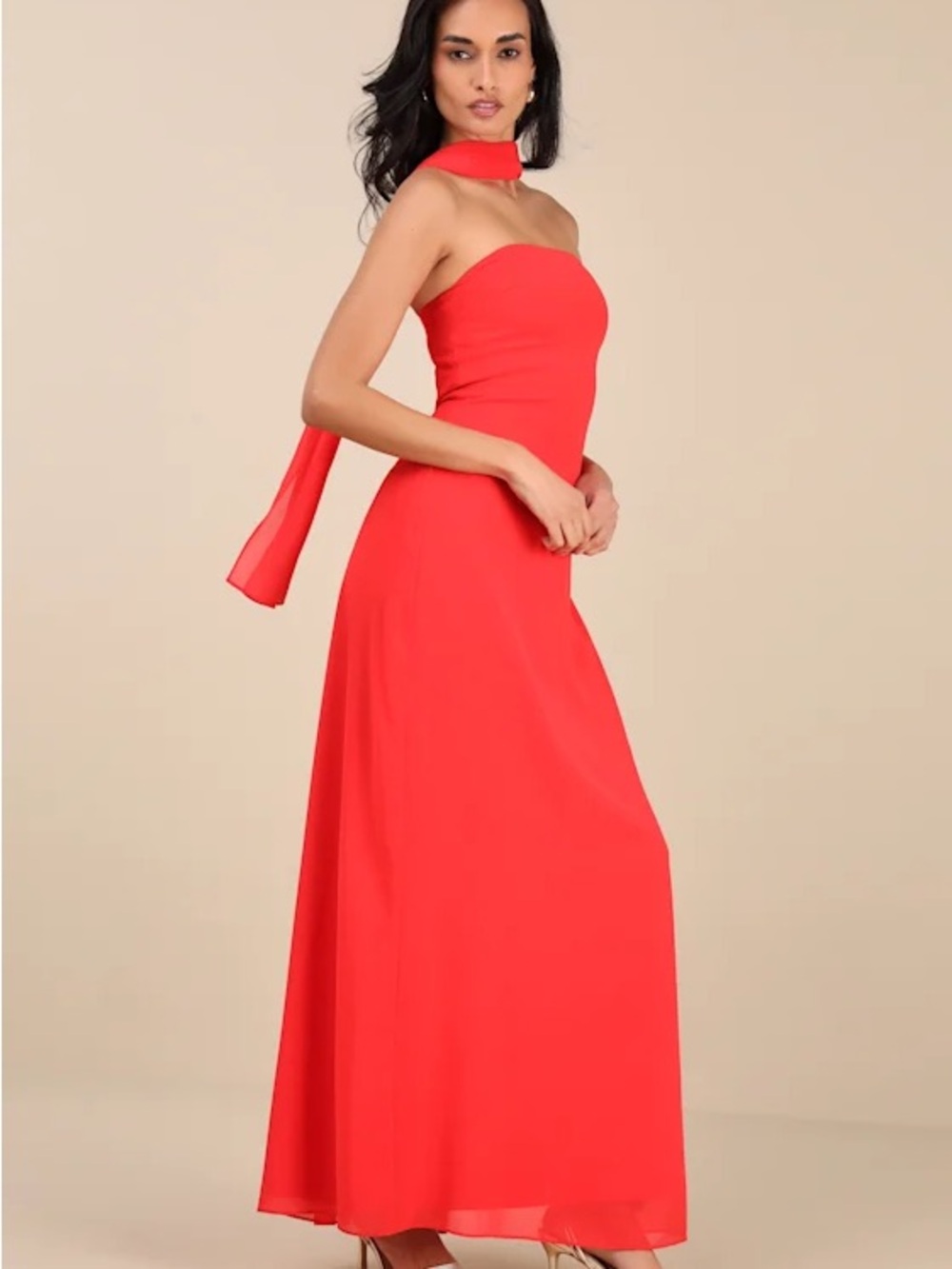 Lulu's Strapless Red/Orange Maxi Dress with Neck Sash